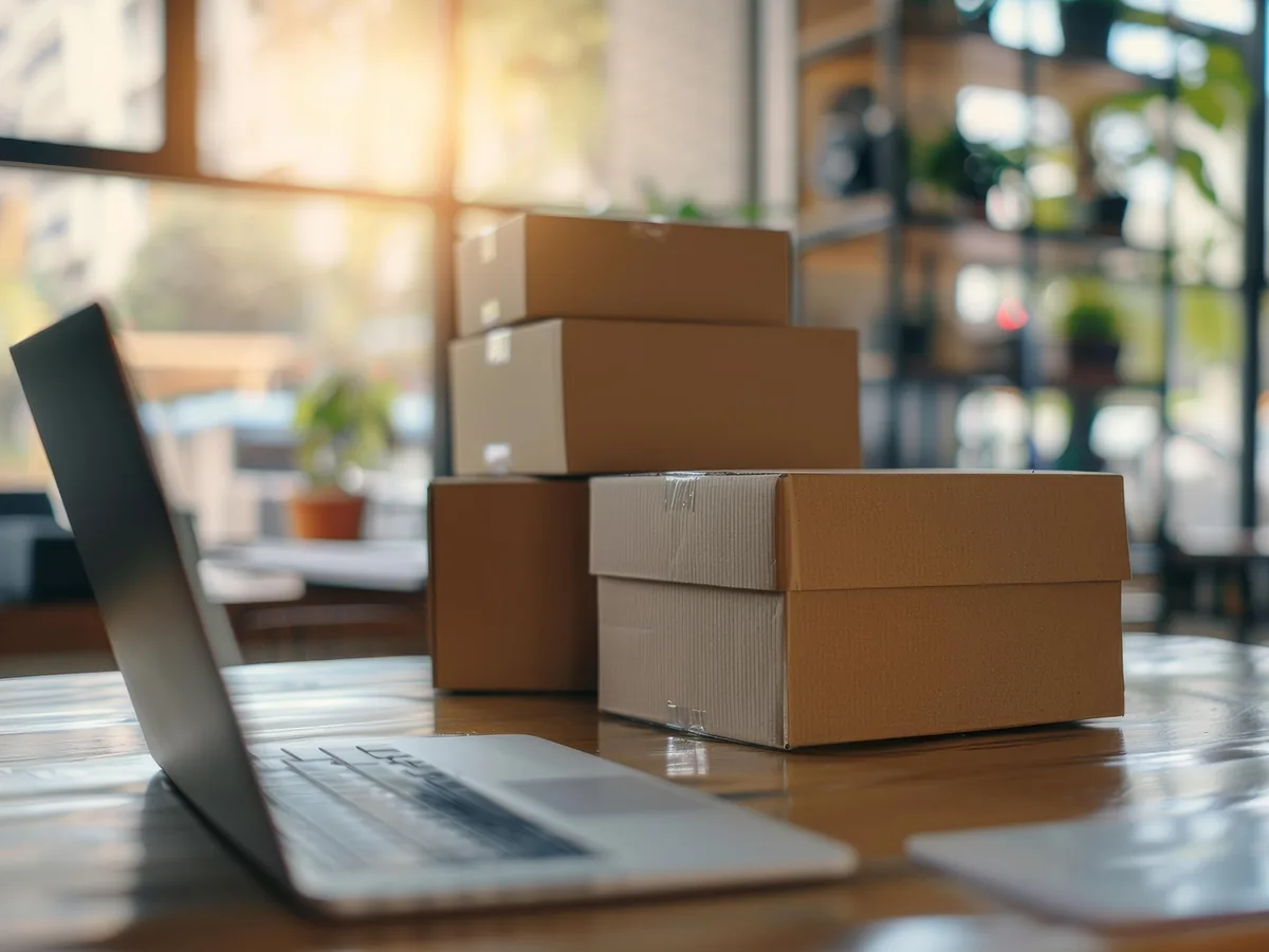 Ordinateur portable et colis prêts à être expédiés pour une boutique en ligne